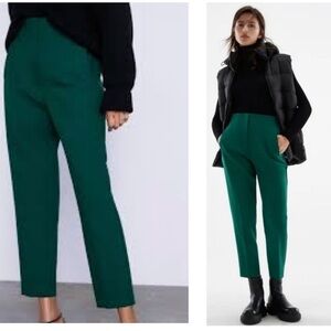 Zara Emerald green high waisted pronounced seam tapered ankle pants Sz M